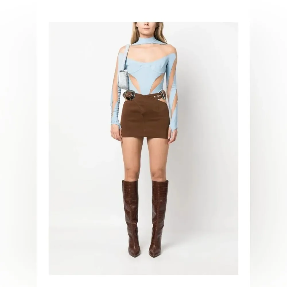 Mugler Illusion Cutout Bodysuit –‎ Light Blue Mesh, Size 8 | NWT